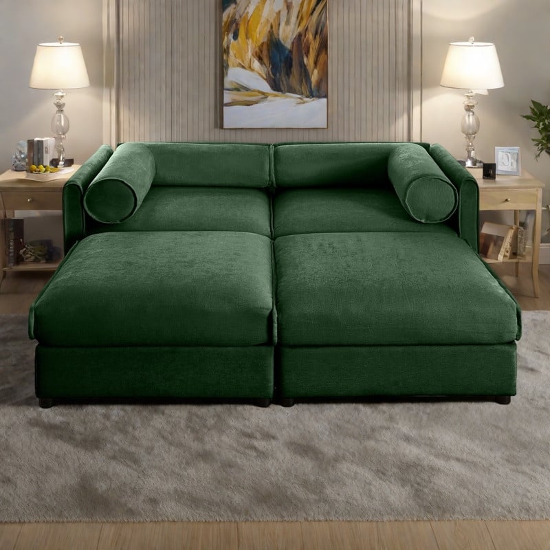 75.5" 2-Seater Chenille Sofa with 2 Ottoman Storage Seats, Cylindrical Backrest and Modular Design - Green
