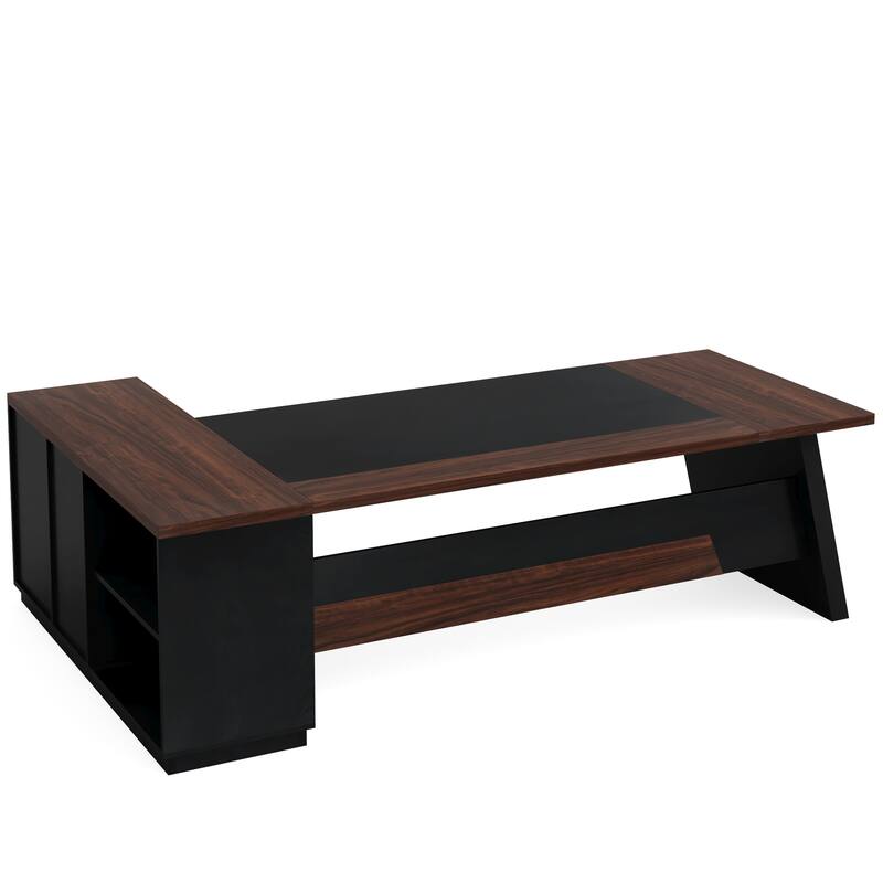 78.7" L-Shaped Executive Desk with File Cabinet Dark Walnut + Black