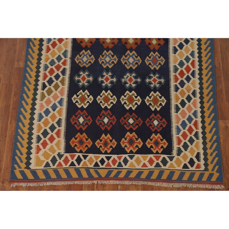 Navy Blue Kilim Qashqai Persian Area Rug Flatweave Wool Carpet - 5'0" x 6'2"