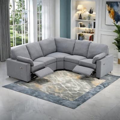 88.9" Linen Power Recliner Sectional 5-Seat Sofa with USB Ports and Storage Drawers