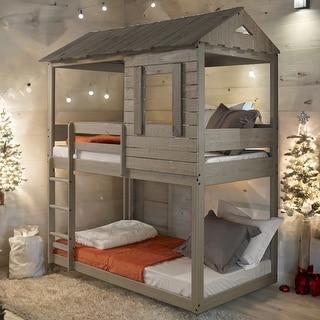 Rustic Grey Twin Over Twin Bunk Bed with Built-in Ladder,Guardrails-Grey