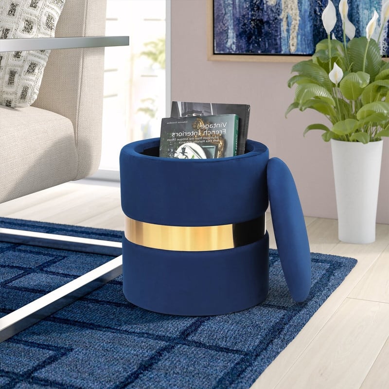 Adeco Set of 2 Velvet Storage Ottoman Round Foot Stool Metal Band