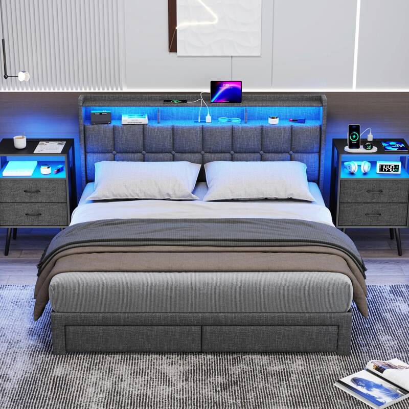 2-Pack LED Nightstands with Charging Station & Fabric Drawers