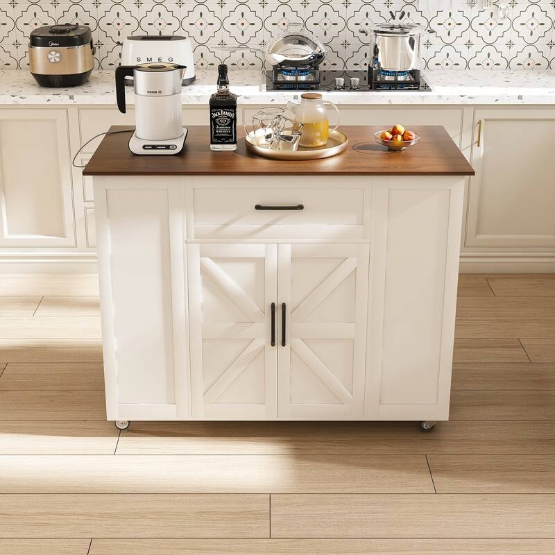 46 inch Kitchen Island on Wheels with Storage and Power Outlet