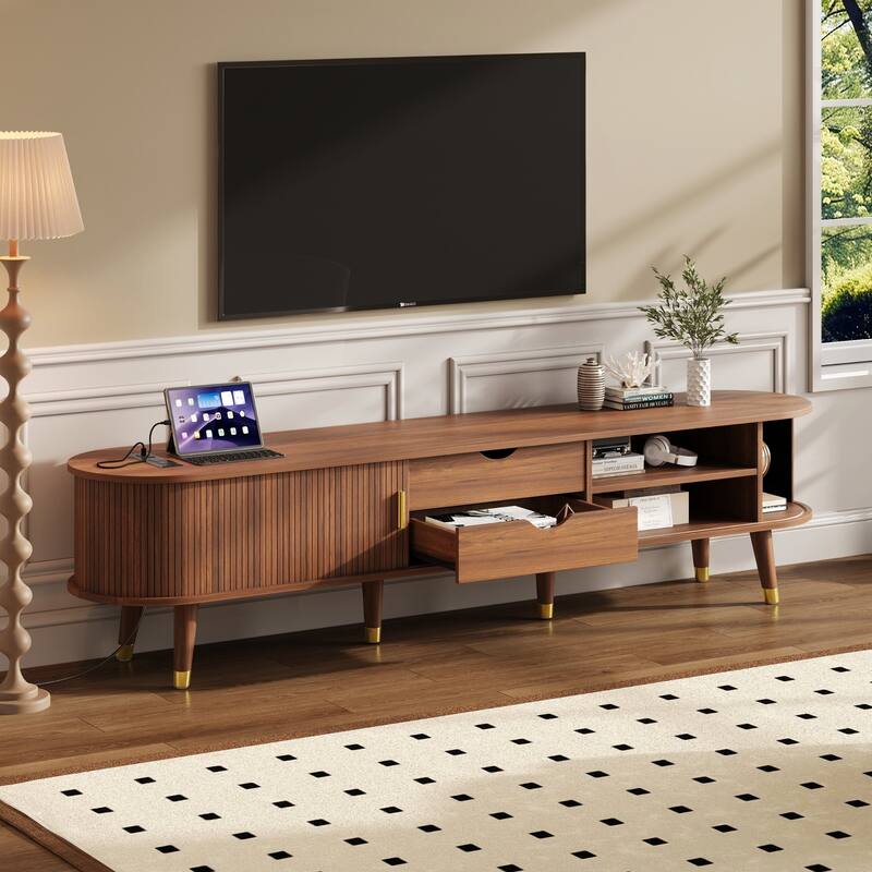 Wooden Oval Fluted TV Stand with Charging Station for TV up to 80", Mid-Century Media Console with Sliding Tambour Door