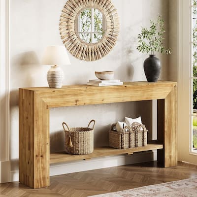 63-Inch Long Solid Wood Console/Entryway Table, Farmhouse Accent Sofa Console for Entryway, Living Room, Hallway, Natural
