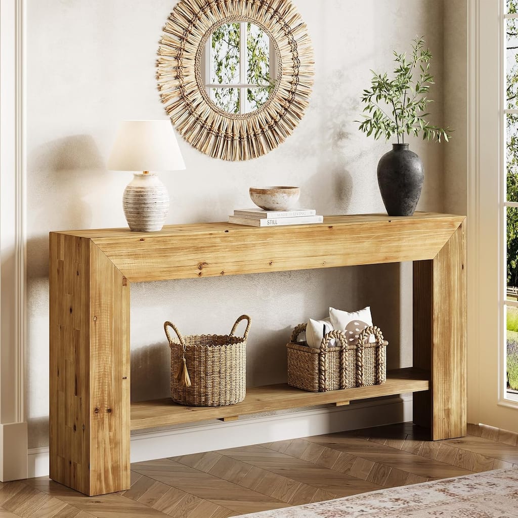 63-Inch Long Solid Wood Console/Entryway Table, Farmhouse Accent Sofa Console for Entryway, Living Room, Hallway, Natural