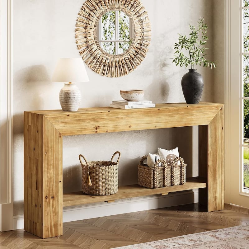 63-Inch Solid Wood Entryway Table for Entryway, Living Room, Hallway, Natural