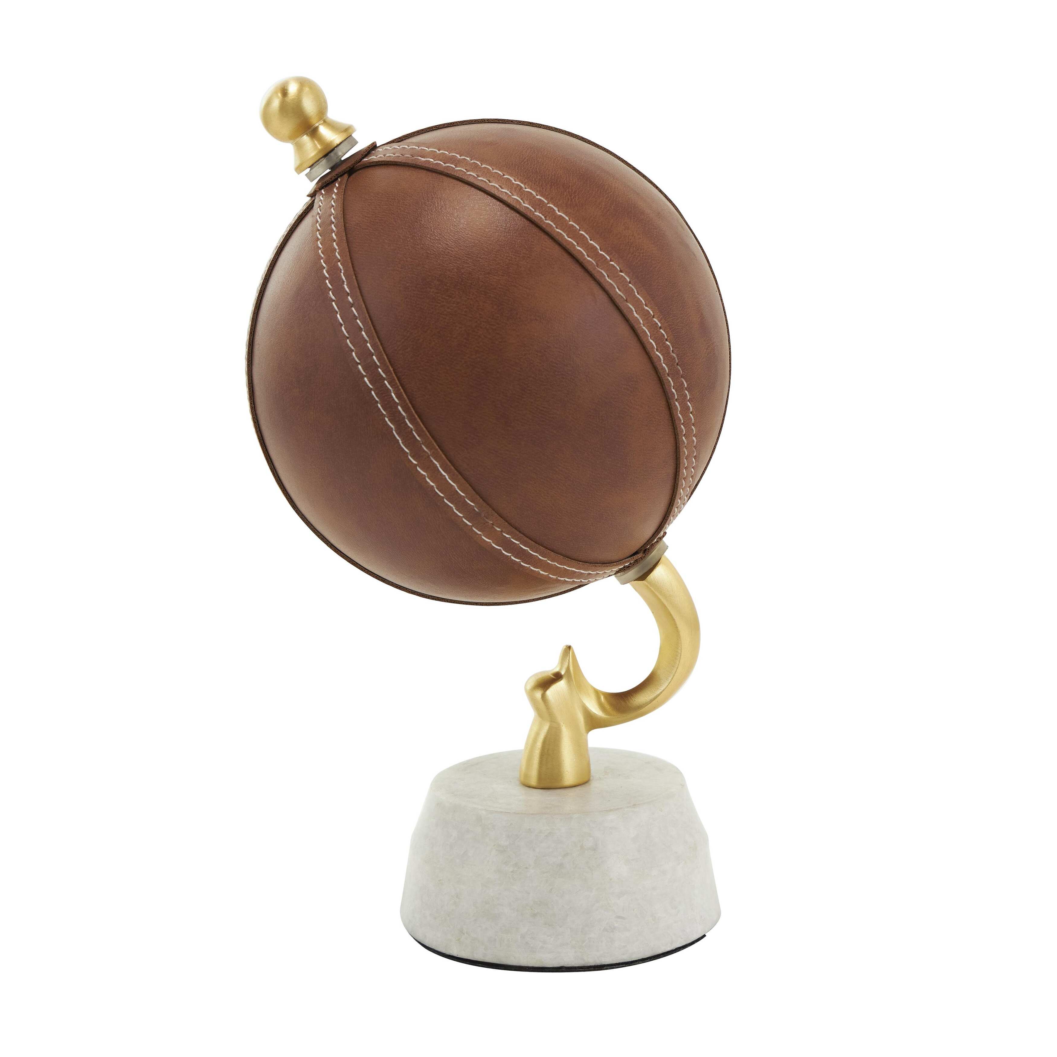 Leather Handmade Stitched Globe with White Marble Base - Brown