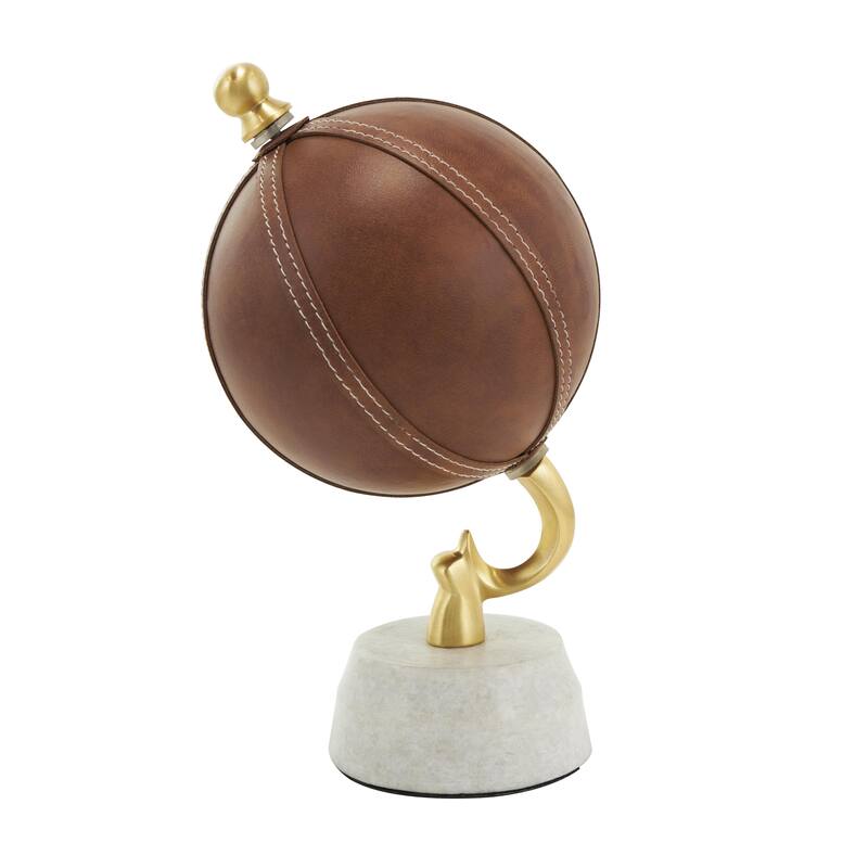 Leather Handmade Stitched Globe with White Marble Base - Brown - Roche River Decor - Brown