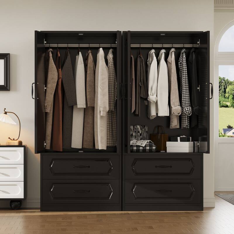 69" Wooden Armoire Wardrobe Closet with Drawers, Modern Bedroom Storage Cabinet with Hanging Rod