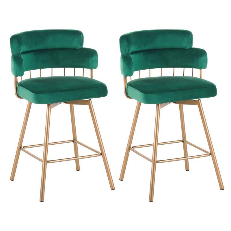 Roomfitters 26-Inch Swivel Counter Height Bar Stools Set of 2, Modern Industrial Upholstered Bucket Seat with Golden Legs, Green