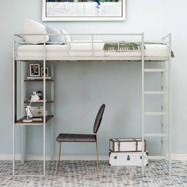 slide 2 of 60, Multifunctional Design Metal Loft Bed with Two-sided Ladder, Shelves and Desk, Twin Size