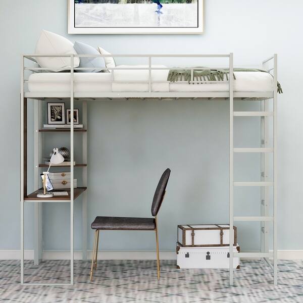 slide 2 of 12, Twin Size Metal Loft Bed with 2 Shelves & 1 Desk, Silver Silver - Twin