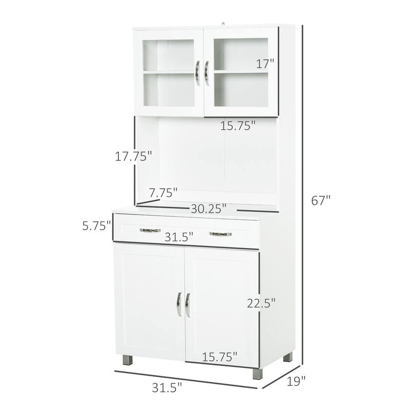 HOMCOM Modern Kitchen Pantry with Buffet Cabinet, Cupboard with Framed Glass Doors and Shelves, White