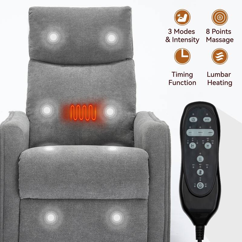 Fabric Recliner Chair with Heat, Massage, 360° Swivel Base, Adjustable Backrest, and Lumbar Support for Living Room Comfort