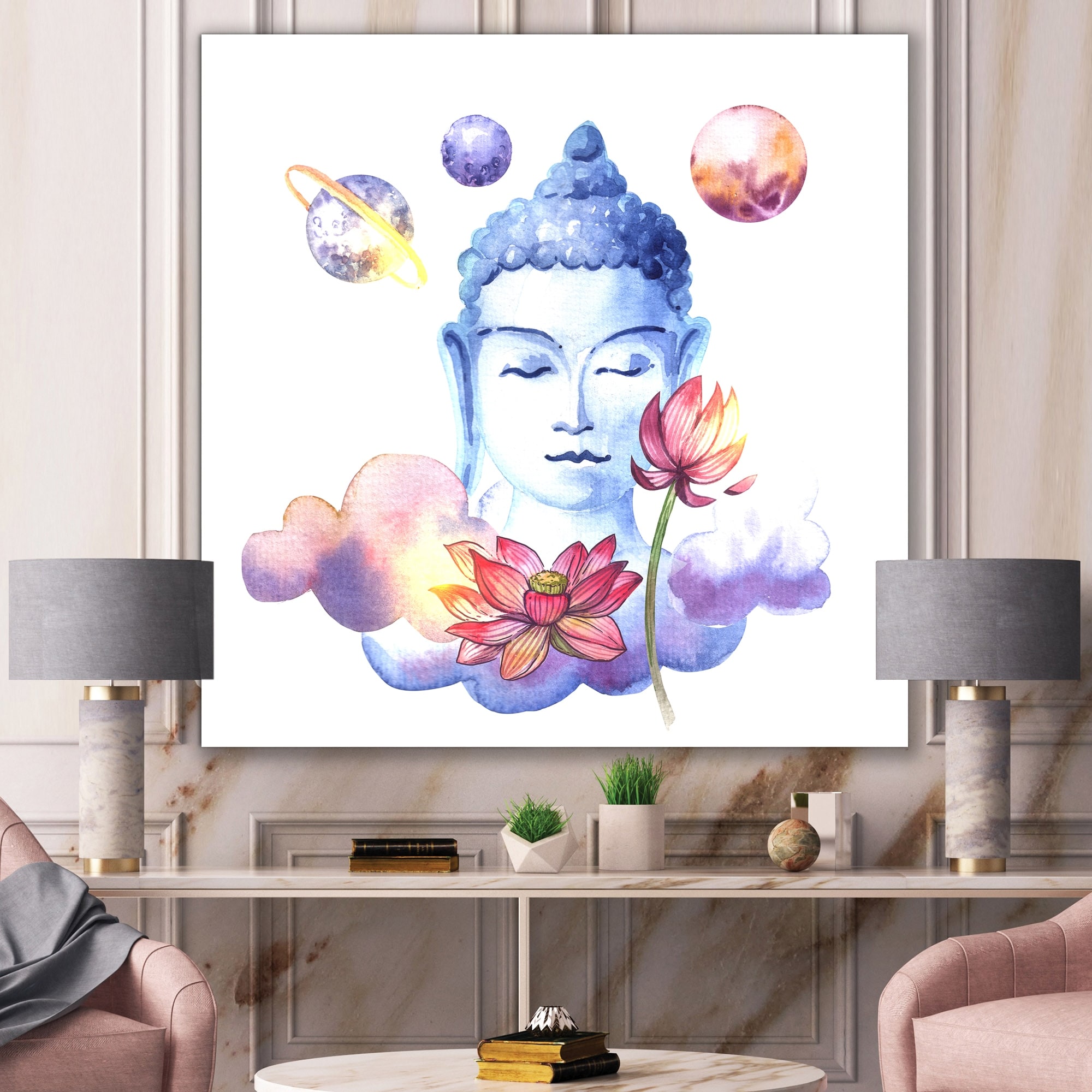 Designart Blue BuddHa With Flowers And Planets Modern