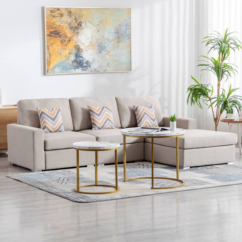 Linen Fabric 3 Piece Reversible Sectional Sofa Chaise with Pillows and Interchangeable Legs in Beige