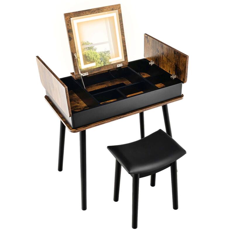 Costway Vanity Table Set w/ Flip Top Mirror Lights USB Port Cushioned