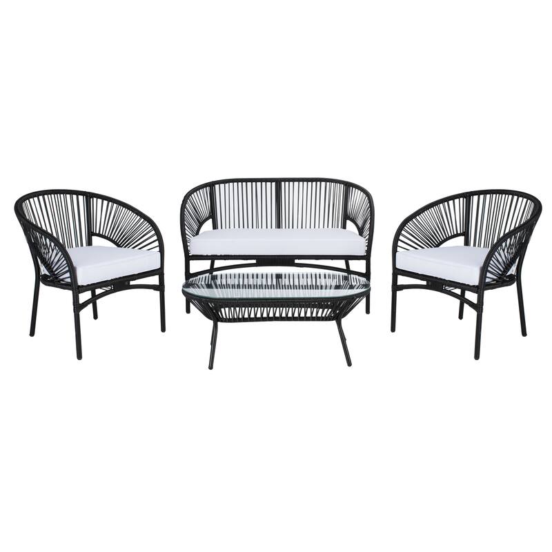 SAFAVIEH Outdoor Living Werner 4-Piece Patio Set - 48"W x 24"D x 29"H - Black Wicker/White Cushion