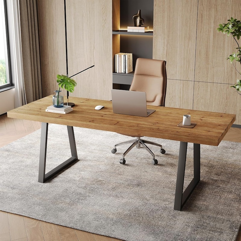 63" Industrial Solid Wood Executive Desk, Computer Laptop Desk with Strong Metal Legs, Study Writing Table Business Workstation