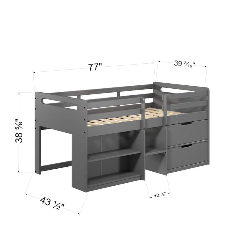 Twin Solid Wood Loft Bed with Storage & Fence