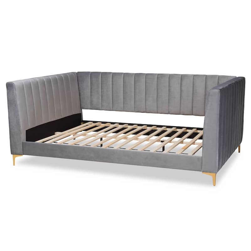 Light Grey Velvet Upholstered Full Daybed with Channel Tufting and Gold Metal Legs, Modern Glam Guestroom Bed