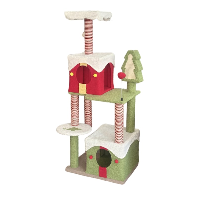 Wide Christmas Cat Tree Tower for Indoor Cats, Wood Cat Tree With Large Condo Wood ladder - Green,Red