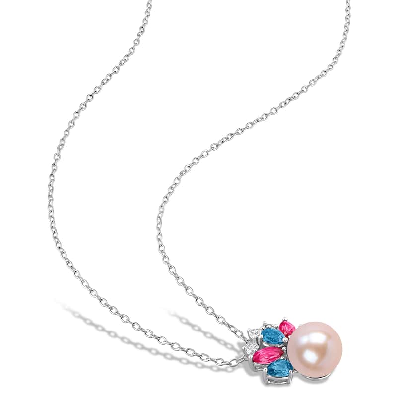 Miadora Sterling Silver Gemstone and Cultured Freshwater Pearl Necklace and Earrings Set