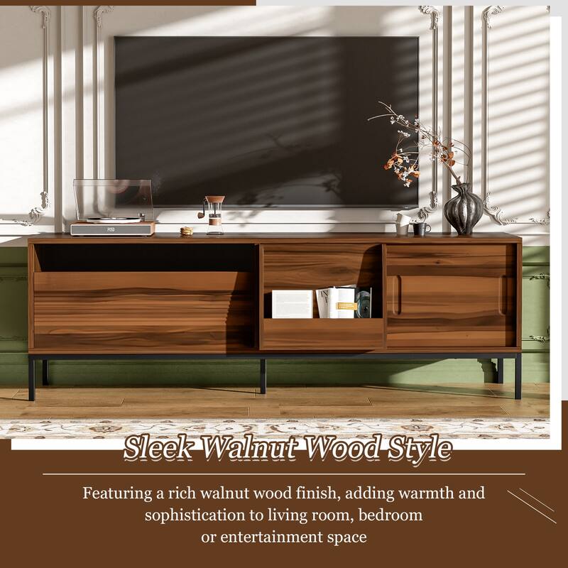 Farmhouse TV Stand for TVs up to 75 Inches, Sliding Doors TV Cabinet TV Console Table for Living Room - Brown