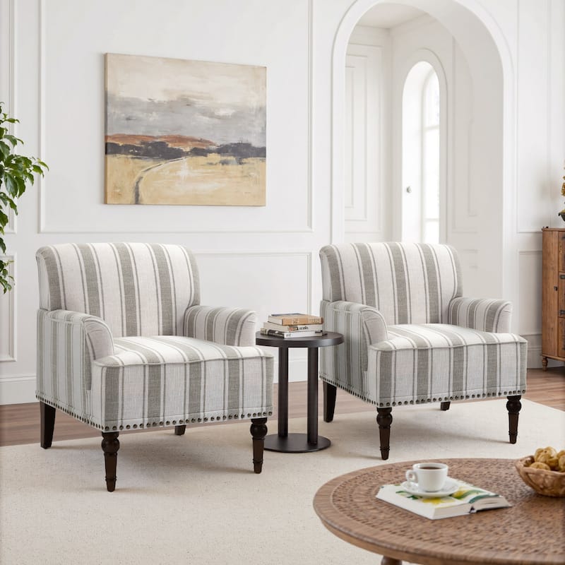 Set 2 Striped Upholstered Linen Armchair with Brass Nailhead Trim - BROWN STRIPED