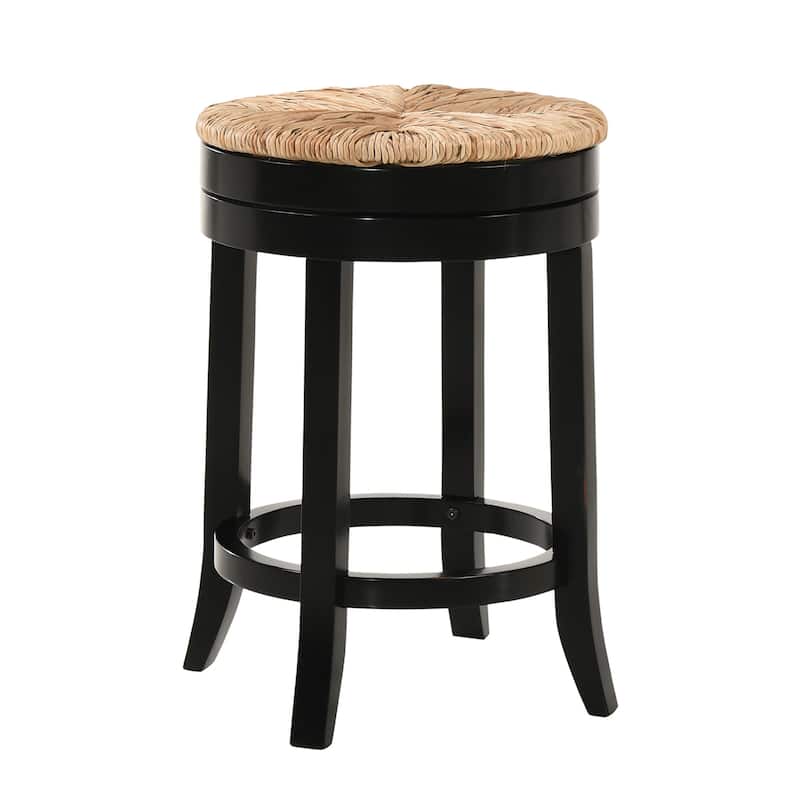 HomeRoots 24" Natural and Black Rush and Solid Wood Backless Counter Height Swivel Bar Chair