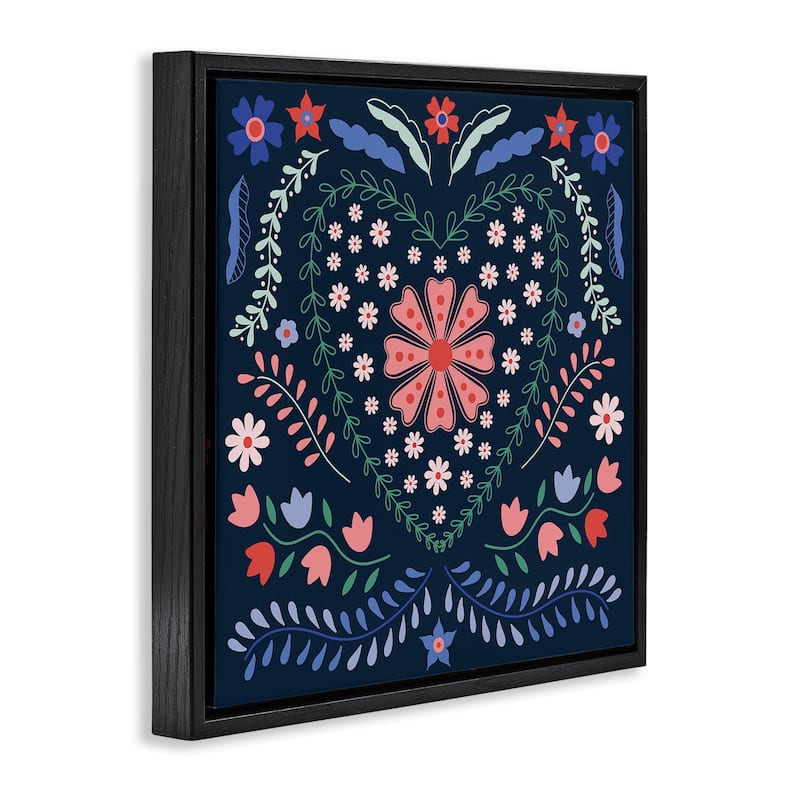 Stupell Folk Flowers in Heart Pattern Framed Floater Canvas Wall Art Design By Sazerelli Designs