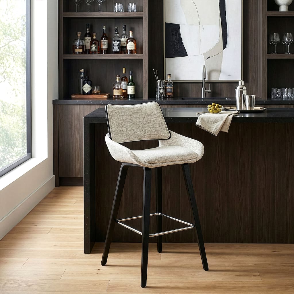 Bea White Two-Toned Linen Fabric Bar Stool with Black Wood Legs