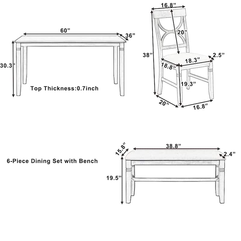 Rustic Dining Table Set for 6, Farmhouse 6 Piece Dining Room Table Set with Rectangular Table, 4 Upholstered Chairs and Bench