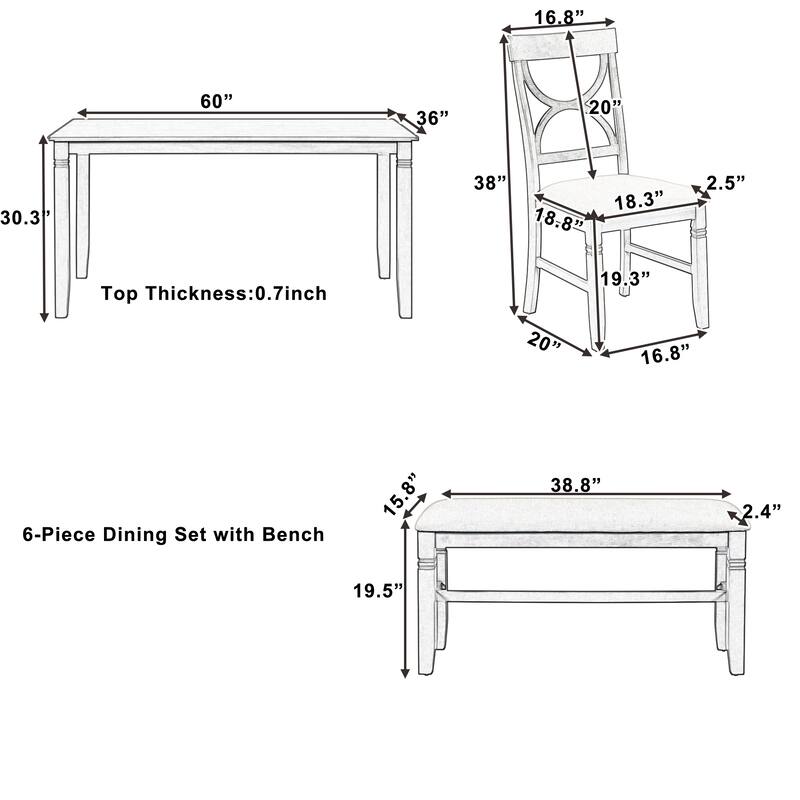 White 6-Piece Wooden Dining Table Set with Rectangular Table, 4 Chairs & Bench