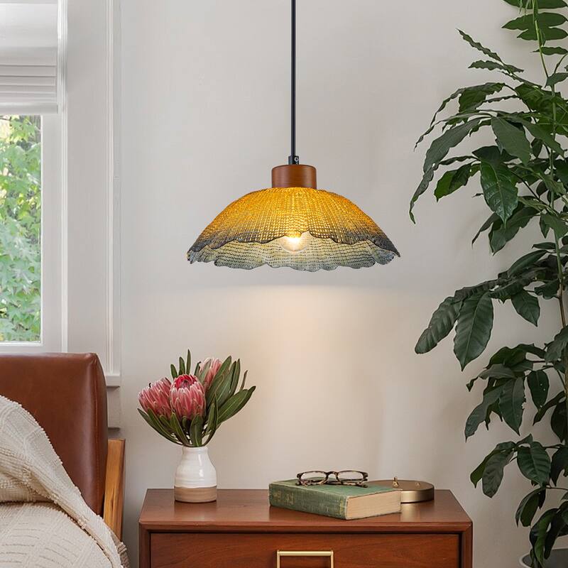 Industrial 1-Light Leaf-Shaped Glass Pendant Light with Texture Glass Shade