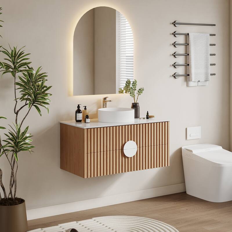 35.43" Floading Single Bathroom Vanities, with 2 Drawers, Glossy Sintered Stone Top, Light Wood
