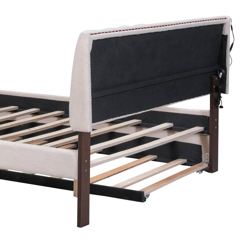 Queen Upholstered Platform Bed with Stripe Headboard, LED Lighting, and Twin XL Trundle