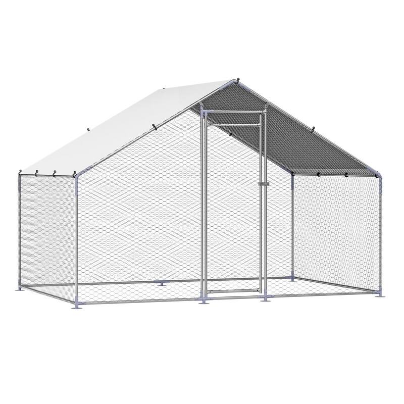 Silver Galvanized Steel Chicken Coop with Protective Net and PE Tarp Cover - 3x2x2 m - Spire
