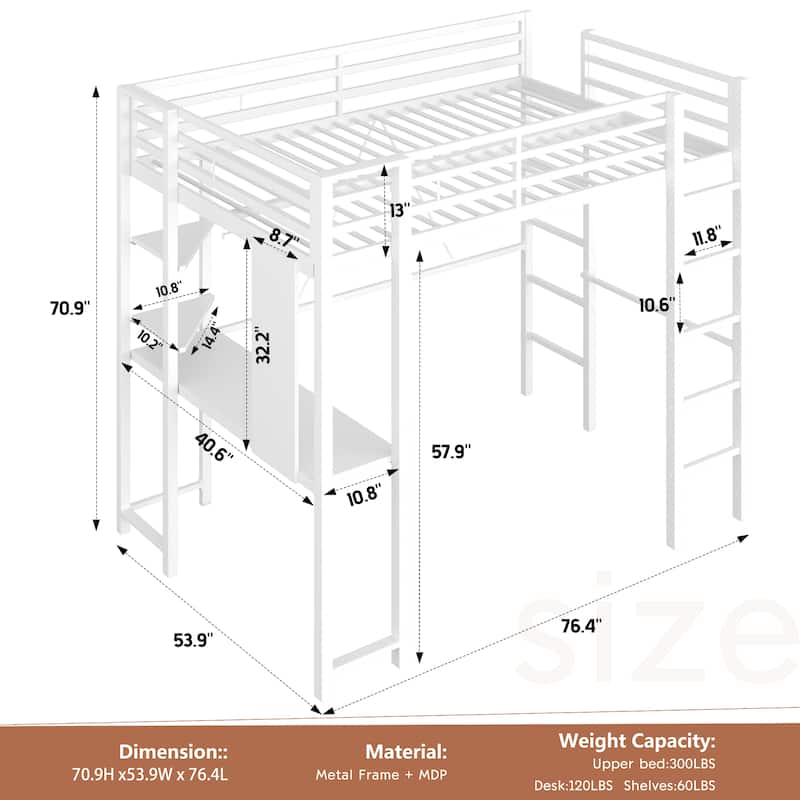 Futzca High Loft Bed Frame with Desk, Twin/Full Size Bunk Bed