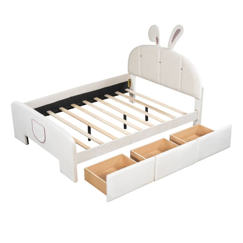 Velvet platform bed with stylized headboard