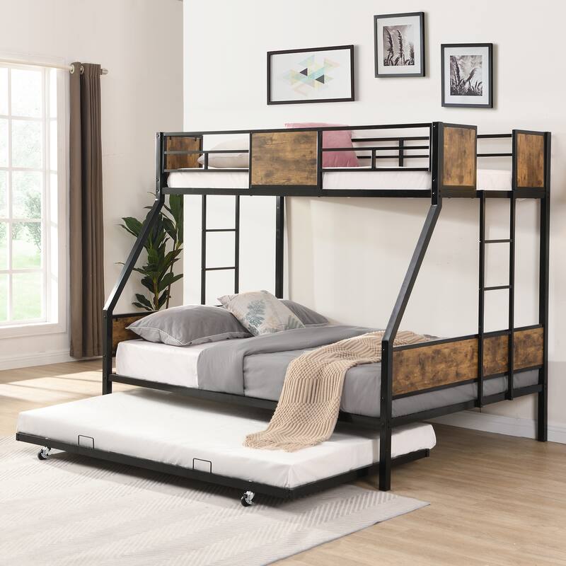 Full Over Full Bunk Bed with Trundle, Heavy Duty Metal Bed Frame with Full-Length Guardrails and 2 Ladder, No Box Spring Needed