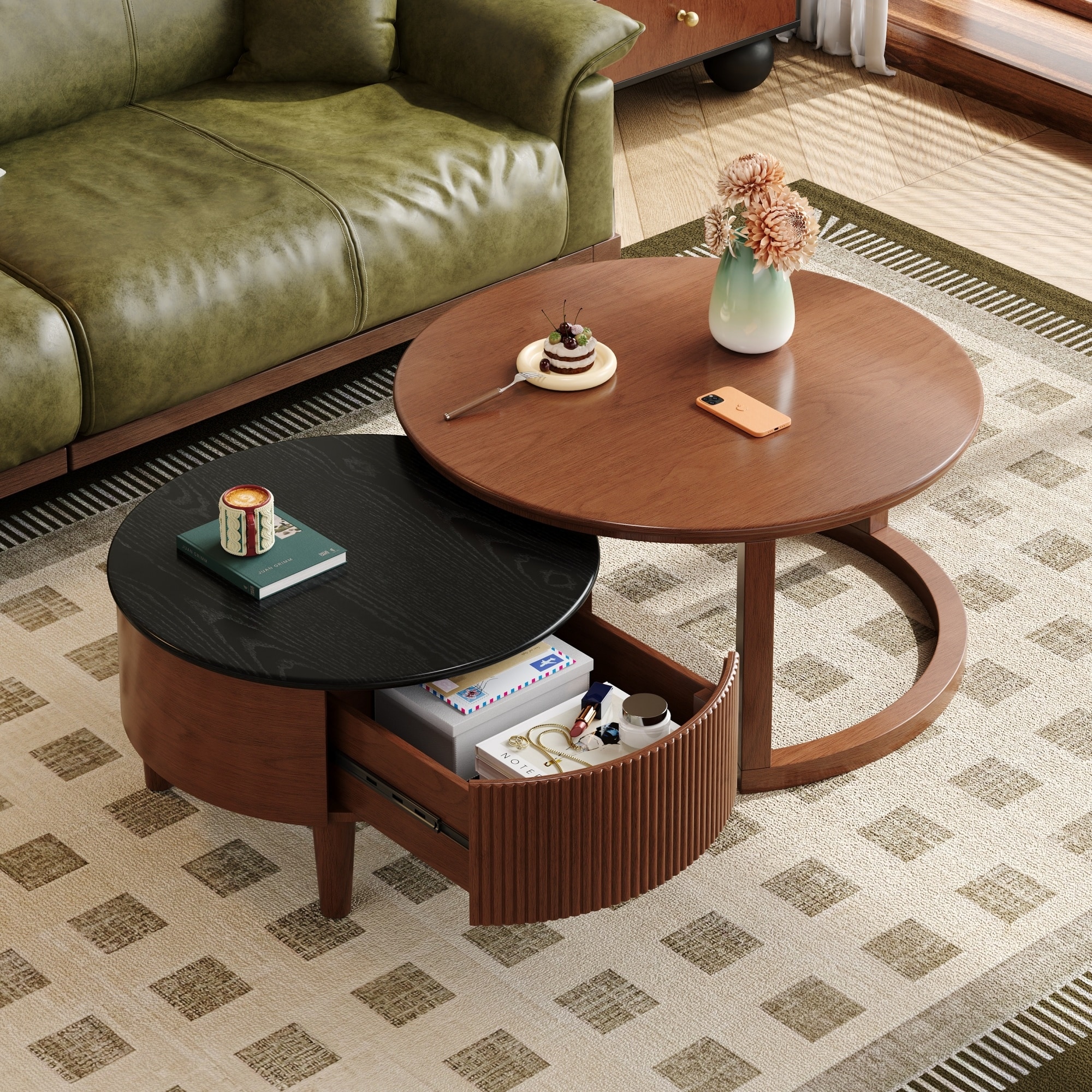 Roomfitters 31.5" Vintage Round Nesting Coffee Table Set, Fluted Wood Design with Storage, Black and Walnut Finish