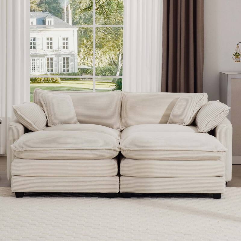 2-Seater Corduroy Sofa with 2 Footrests, Converts to Bed for Compact Spaces