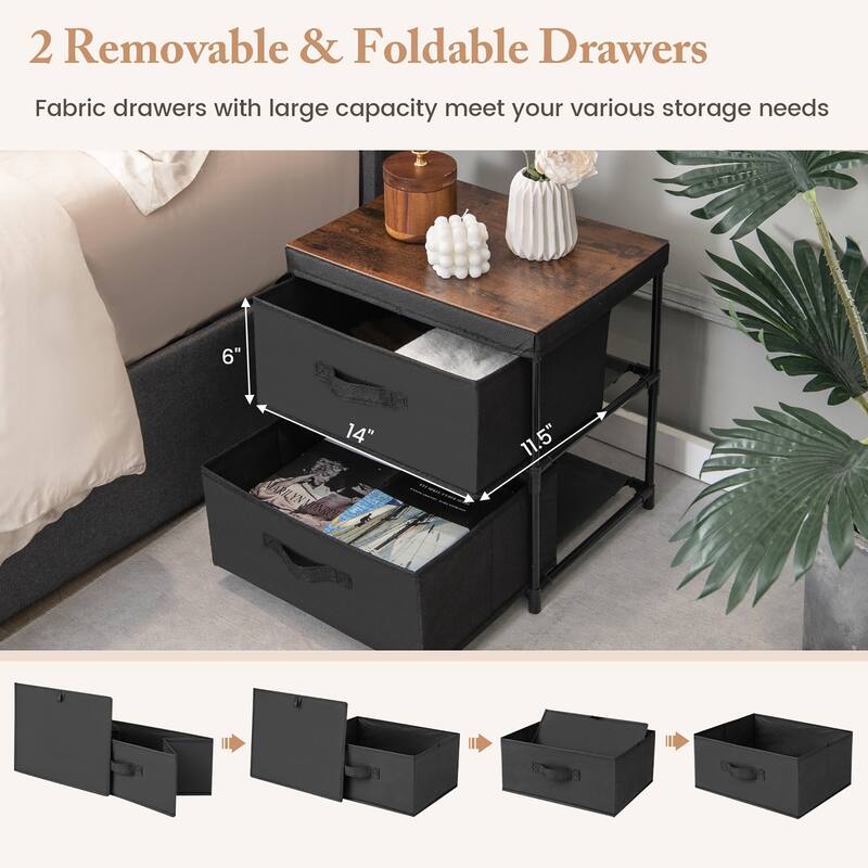 Gymax 2PCS Fabric Bedside Table 2 Drawers Nightstand Small Dresser