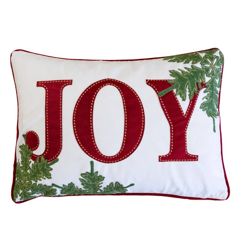 JOY Embroidered Christmas Throw Pillow - 14x20" Velvet Lumbar Cushion in Red and White with Green Holiday Accents - White+Red