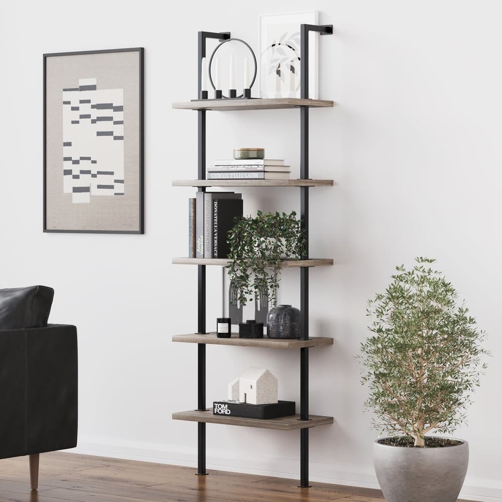 Nathan James Theo 5-Shelf Ladder Bookcase Wood with Metal Frame