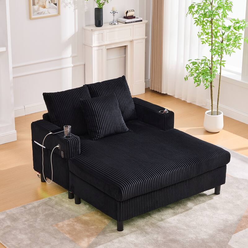 Corduroy Recliner Sofa - Oversized Deep Seat with USB, RGB Lights, Cup Holder & Side Pocket - Living Room, Bedroom