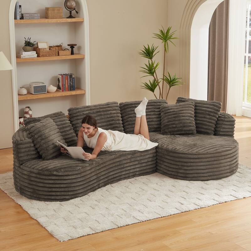 120.9" L-Shaped Modern Minimalist Curved Sectional Sofa with Pillows